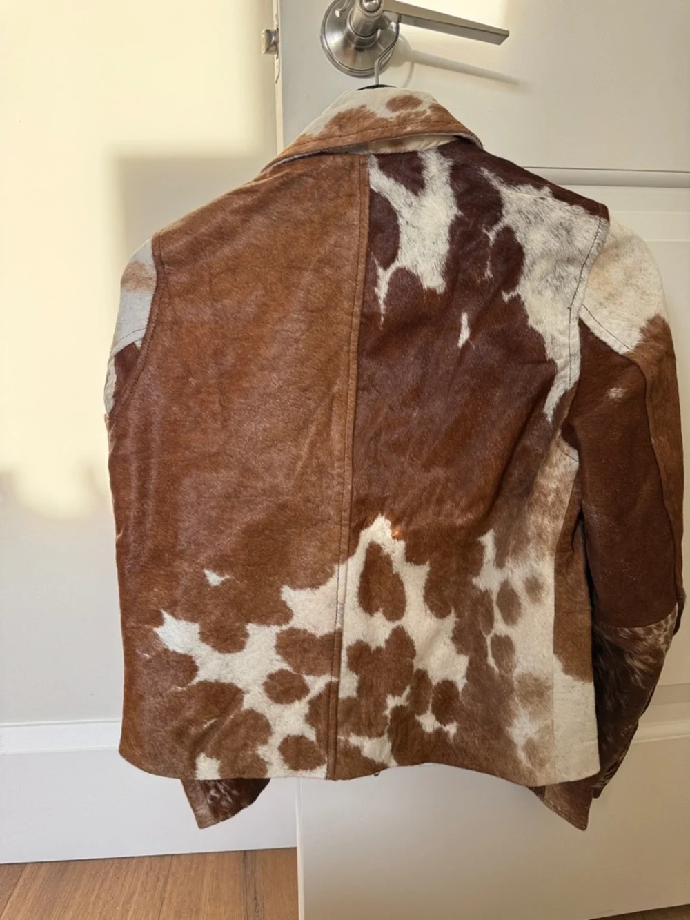 Custom Real Cowhide Paneled Brown and White Zip Leather Jacket - Picture 2 of 4